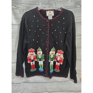 Vtg Tiara International Nutcracker Christmas Sweater Sequins Cardigan Sz LARGE